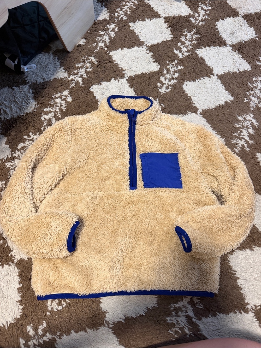 Janie and Jack Beige Sherpa Pullover with Blue Trim